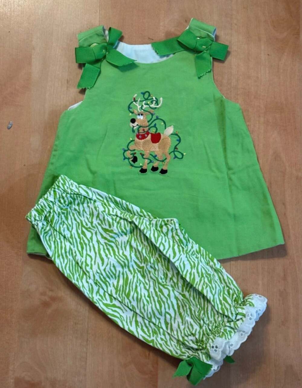 Boutique Green Christmas Reindeer Tunic and Ruffle Pants Set